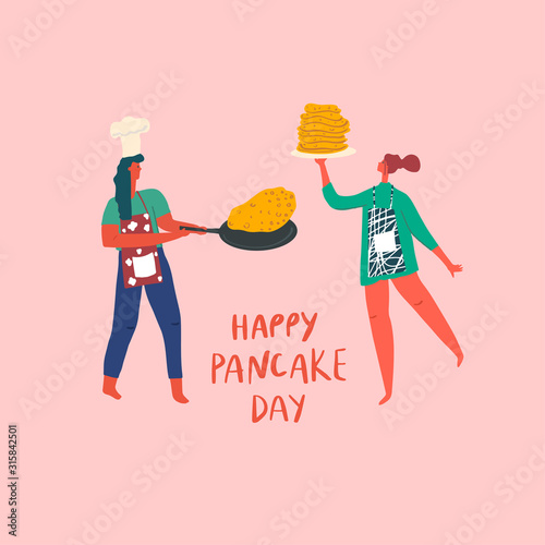 Stylized girls making pancakes. Hand drawn people and text: happy pancake day. Vector flat illustration.