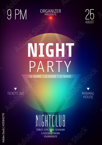 Poster or flyer layout template.Abstract background with geometric elements.Techno poster.Neon glow.Invitation to a night party.Advertising announcement of a party in the style of techno, music show.