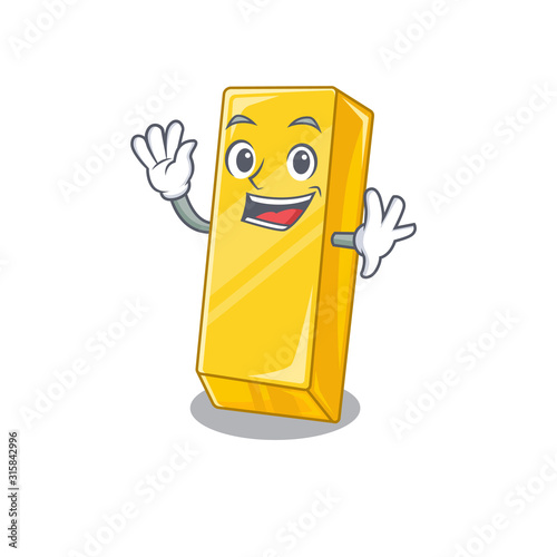 Waving friendly gold bar cartoon character design