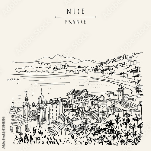 Nizza (Nice), France, Europe. Cozy European town on French Riviera, waterfront. Mediterranean sea. Hand drawing. Travel sketch. Vintage touristic postcard