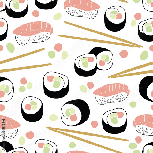 Seamless pattern with sushi and chopsticks japanese food