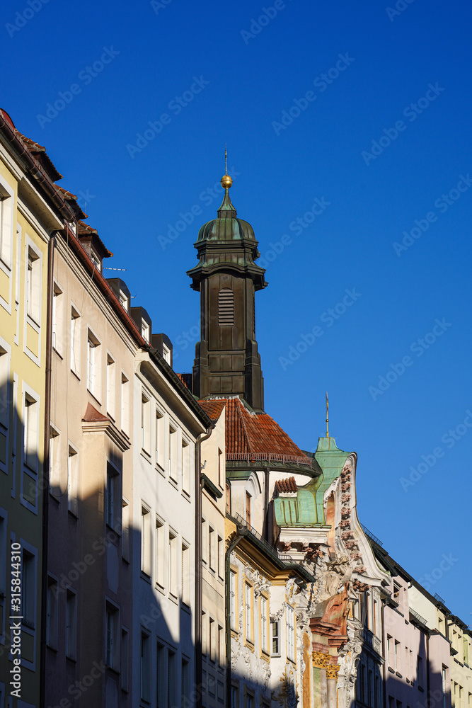 Historic facade of the baroque Asam Church, Asamkirche in Munich, Germany