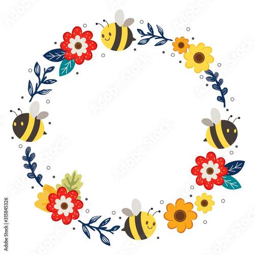 Fototapeta Naklejka Na Ścianę i Meble -  The cute flower ring and bee on the white background. The character of cute bee and flower wreath. The character of cute bee in flat vector style.