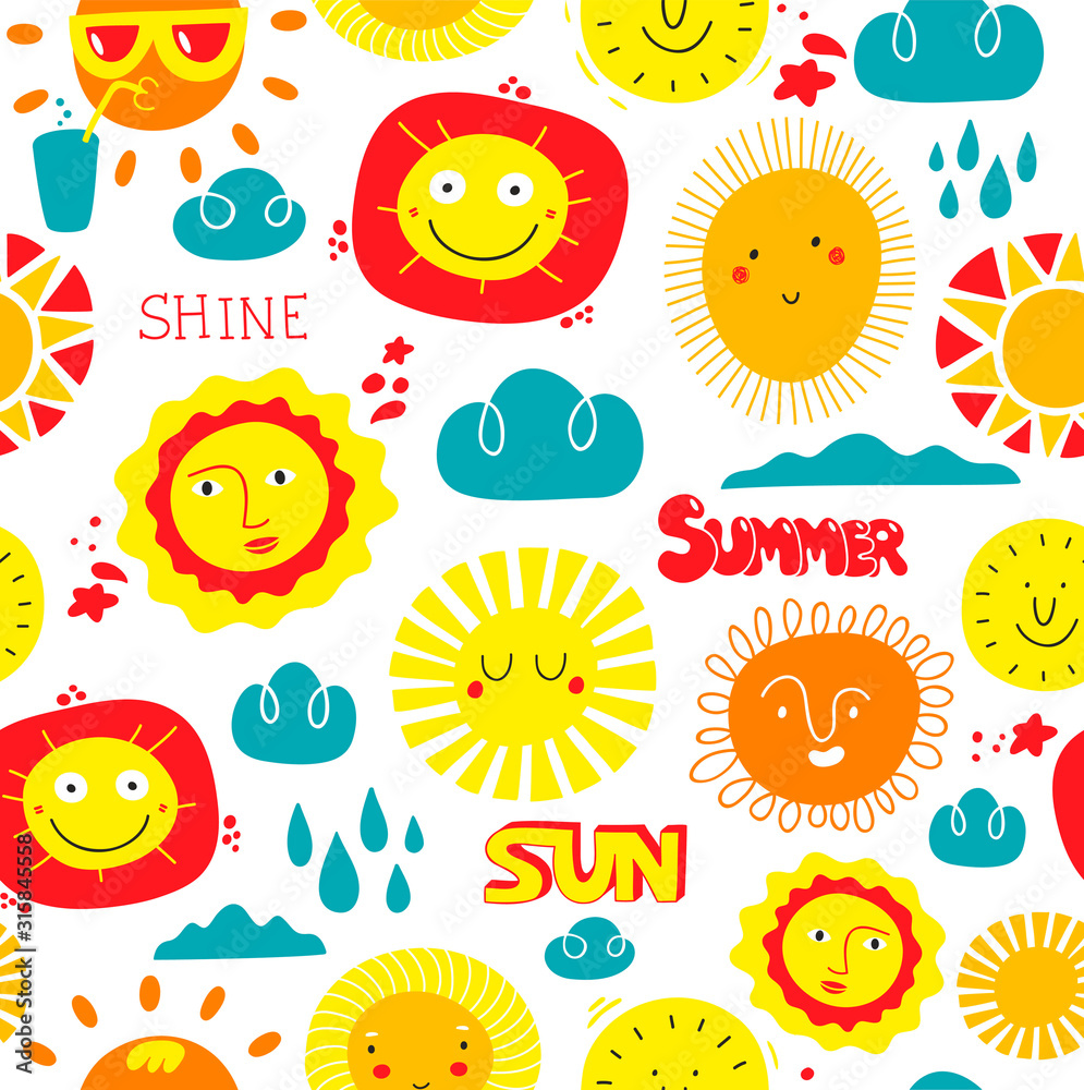 Sunny day seamless pattern with sky elements.
