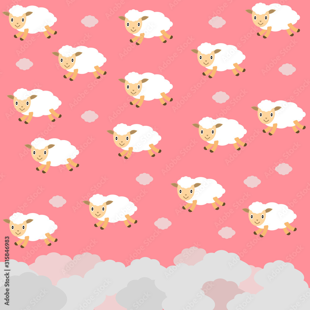 Cute flying white sheep in shape clouds on pink sky background. Set funny sheep for baby and kids. Cartoon lambs.Background with animals. Design for fabric and decor. Flat style. Vector illustration. Cute flying white sheep in shape clouds on pink sky background. Set funny sheep for baby and kids. Cartoon lambs.Background with animals. Design for fabric and decor. Flat style. Vector illustration.