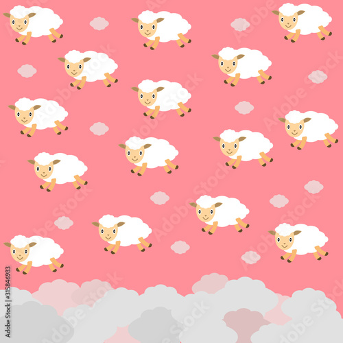 Fototapeta Cute flying white sheep in shape clouds on pink sky background. Set funny sheep for baby and kids. Cartoon lambs.Background with animals. Design for fabric and decor. Flat style. Vector illustration.