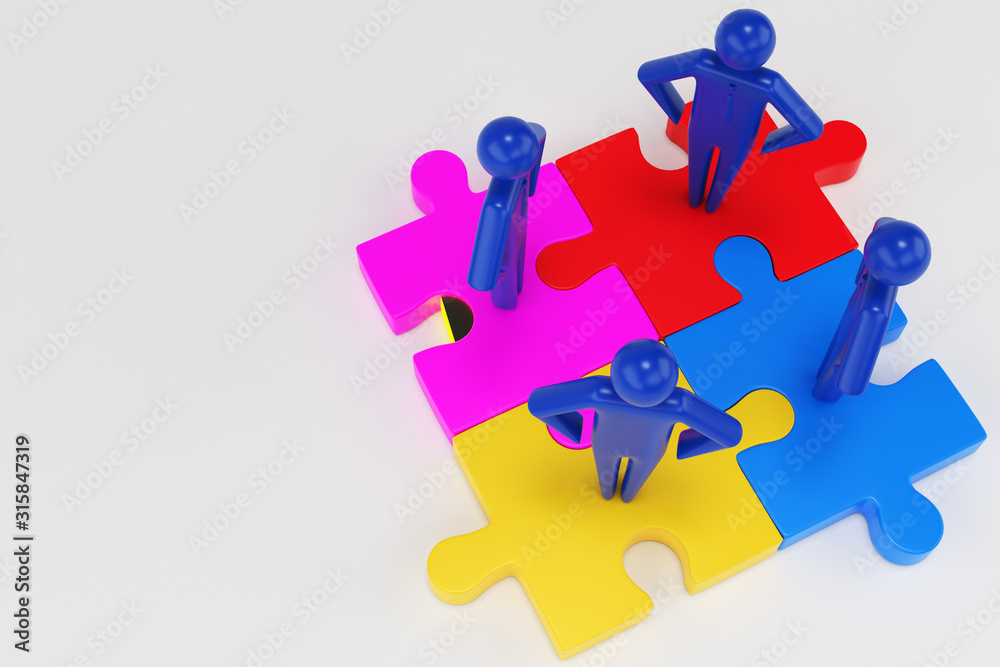 Four 3d man are standing on pieces of the puzzle. Teamwork concept. 3d people 3d rendering
