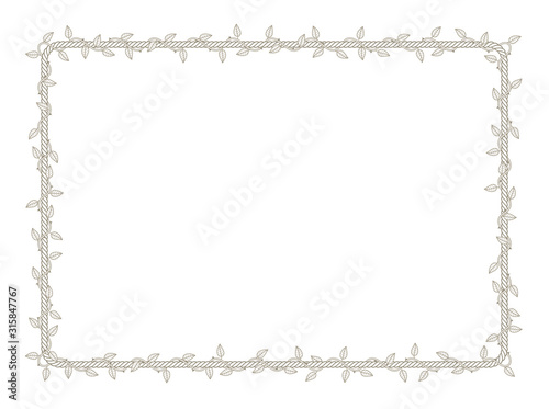Vector rectangle rope frame overgrown with plant with thorns and leaves. White background
