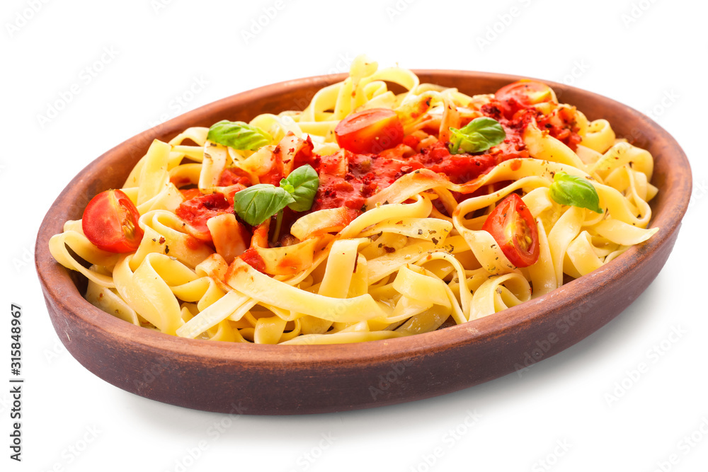 Plate with tasty pasta and tomato sauce on white background Plate with tasty pasta and tomato sauce on white background