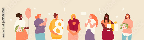 Multicultural group of women celebrating international women s day. March 8 vector illustration banner