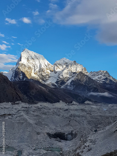 View on Ngozumpa glacier, the longest glacier in the Himalayas. Everest base camp trek itinerary: Gokyo village, Solokhumbu, Nepal.