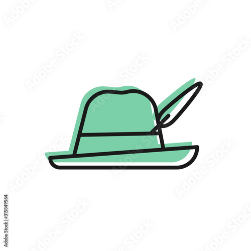 Black line Oktoberfest hat icon isolated on white background. Hunter hat with feather. German hat. Vector Illustration