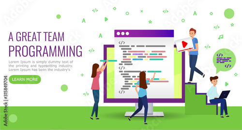 Concept for web page, banner, social media. The team writes code programming for the site. Website design development. Vector illustration on white background