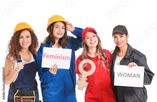 Female workers on white bac...