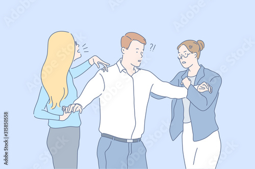 Relationship, quarrel, jealousy concept. Amazed man tries to stop quarrel of two angry furious women. Young sisters have complicated relationships. Jealousy could make conflict. Simple flat vector