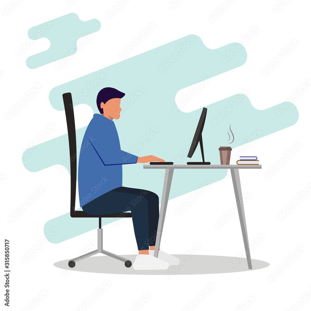 Young male manager sitting at the computer. Office worker. Interior. Desk and chair. Side view. Millennial lifestyle, daily routine. Young male manager sitting at the computer. Office worker. Interior. Desk and chair. Side view. Millennial lifestyle, daily routine.