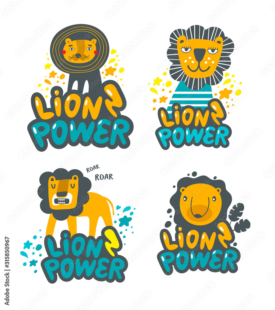 Set of cute lions hand drawn in children style. Set of cute lions hand drawn in children style.