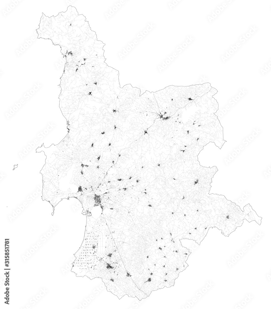 Satellite map of Province of Oristano towns and roads, buildings and connecting roads of surrounding areas. Sardinia region, Italy. Sardegna. Map roads, ring roads
