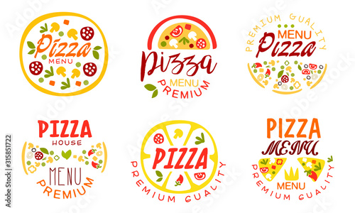 Pizza Premium Quality Menu Labels Collection  Fast Food Restaurant  Cafe  House Bright Badges Vector Illustration