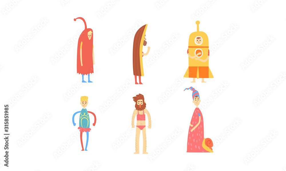 Fototapeta premium Freak Men in Funny Costumes Collection, Freaky Masquerade or Carnival Costume, Creative Crazy Party Vector Illustration