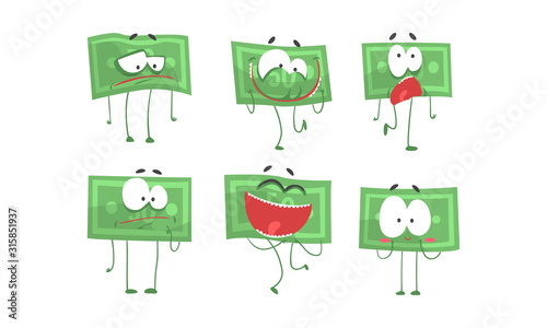 Money Bills Characters with Funny Faces, Cute Banknotes with Various Emotions Vector Illustration