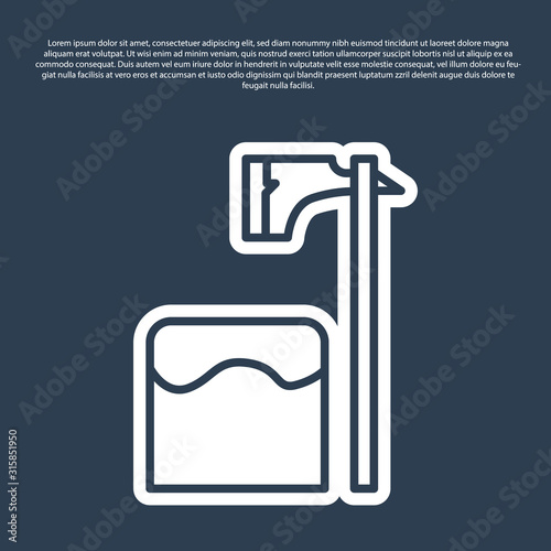 Blue line Executioner axe in tree block icon isolated on blue background. Hangman, torturer, executor, tormentor, butcher, headsman. Vector Illustration