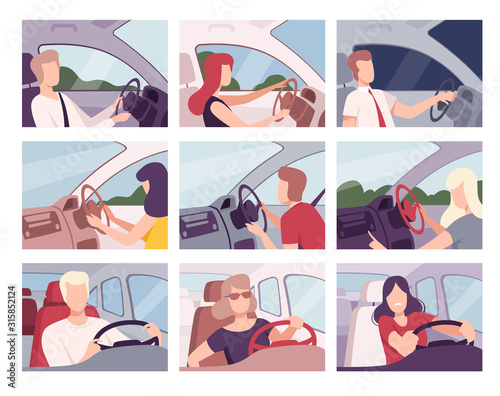People Driving Cars Collection, Female and Male Drivers Characters Sitting Inside Vehicles Vector Illustration