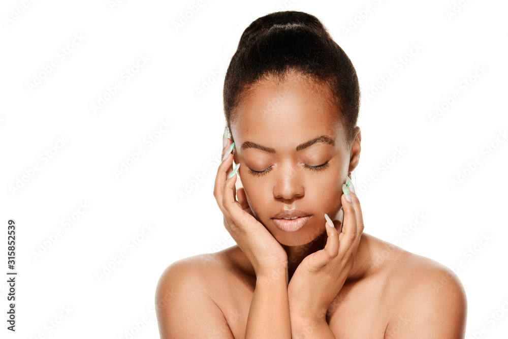 African American Woman Face, Hands, Beauty and Skin Care model - obrazy, fototapety, plakaty 