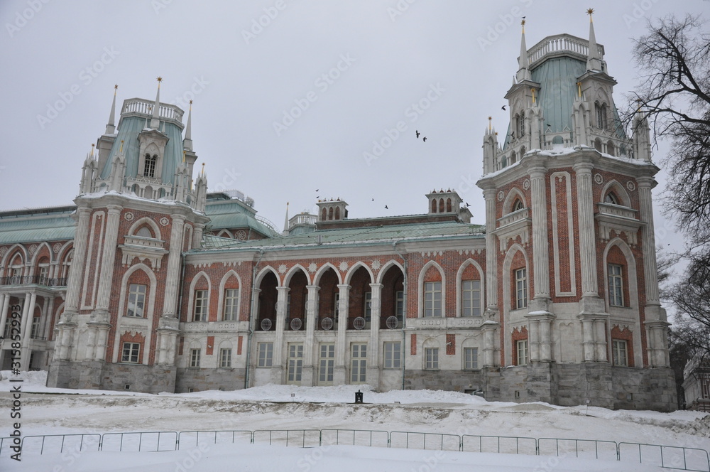 Sights of Moscow. Grand Tsaritsyno Palace in winter. Tsaritsyno - Palace Museum and Reserve Park in Moscow Russia