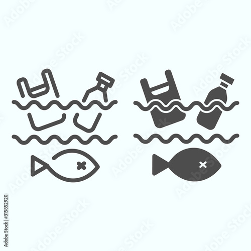 Sea Garbage line and solid icon. Dirty ocean pollution illustration isolated on white. Plastic garbage and bottle with fish outline style design, designed for web and app. Eps 10.