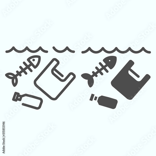 Sea pollution line and solid icon. Dirty ocean pollution illustration isolated on white. Plastic garbage and bottle with fish skeleton outline style design, designed for web and app. Eps 10.