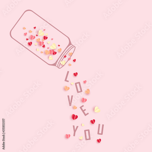 Valentines Day bottle with love on pink background. Vector illustration paper cut style.