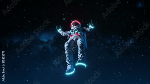 Astronaut With Neon Lights Flies Into Infinite Space. Space Background. Seamless Loop
