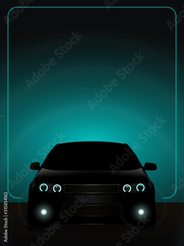 Black car with parking lights on dark  background.