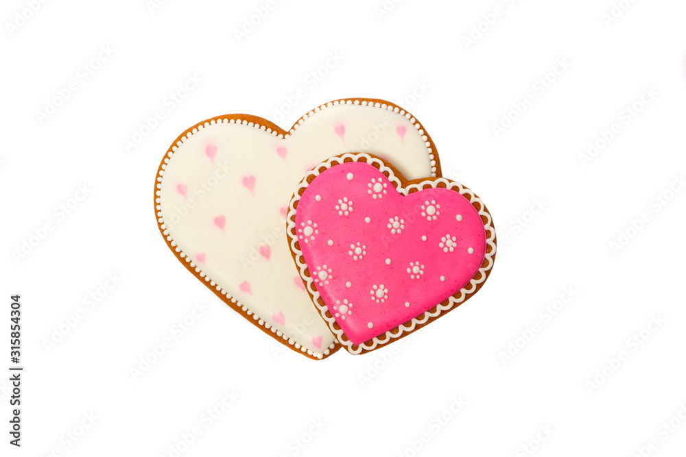 background from pink cookies heart shaped with different patterns, isolated on white background from pink cookies heart shaped with different patterns, isolated on white