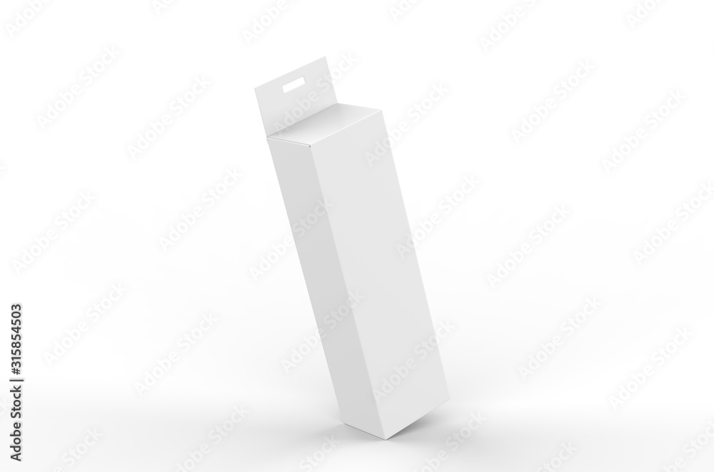 White blank paper box packaging with hang tab, mockup template on isolated white background, 3d illustration White blank paper box packaging with hang tab, mockup template on isolated white background, 3d illustration