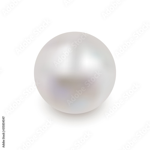 Shiny oyster pearl for luxury accessories. Realistic white pearl with shadow isolated on white background. Sphere shiny sea pearl. Beautiful natural white pearl. Shiny 3D jewel with light effects