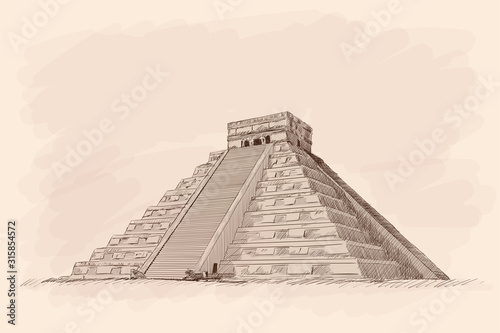 Aztec Stone Pyramid with steps. Pencil sketch on a beige background.