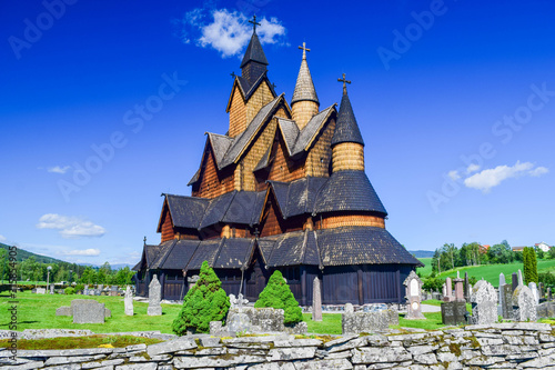 Old wooden Stave Church of the 13th century in Heddal. Valgkirke. Norway. Stave Churches are one of the main attractions of Scandinavia. photo