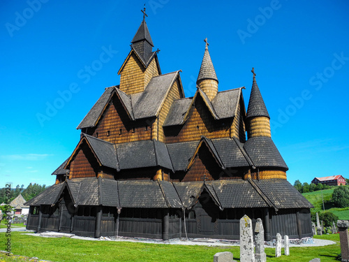 Old wooden Stave Church of the 13th century in Heddal. Valgkirke. Norway. Stave Churches are one of the main attractions of Scandinavia.