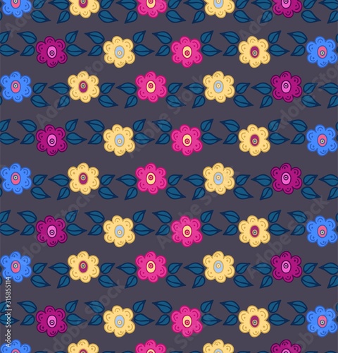 Seamless vector floral pattern. Chintz fabric. Small, cute flowers with leaves, flowers are drawn in a row. Ideal for textile, paper and gift products.