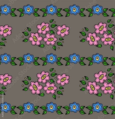 Seamless vector floral pattern. Chintz fabric. Small, cute flowers with leaves, flowers are drawn in a row. Ideal for textile, paper and gift products.
