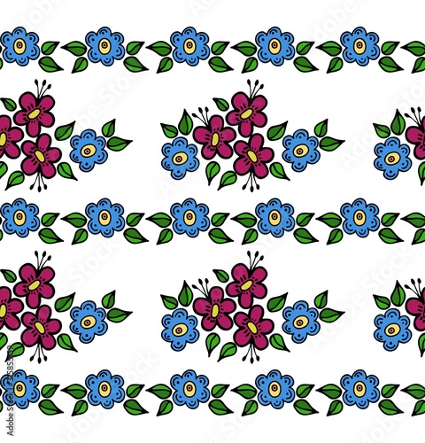 Seamless vector floral pattern. Chintz fabric. Small, cute flowers with leaves, flowers are drawn in a row. Ideal for textile, paper and gift products.