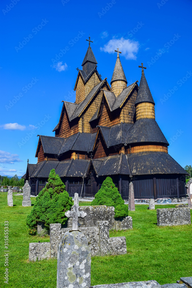 Old wooden Stave Church of the 13th century in Heddal. Valgkirke. Norway. Stave Churches are one of the main attractions of Scandinavia.