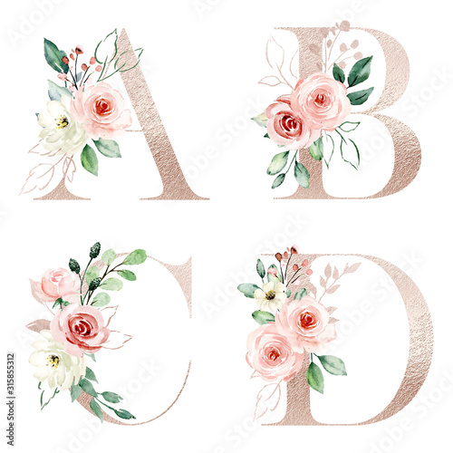 Letters set, gold floral alphabet with watercolor flowers peach roses and leaf. Monogram initials perfectly for wedding invitation, greeting card, logo, poster. Holiday decoration hand painting. photo