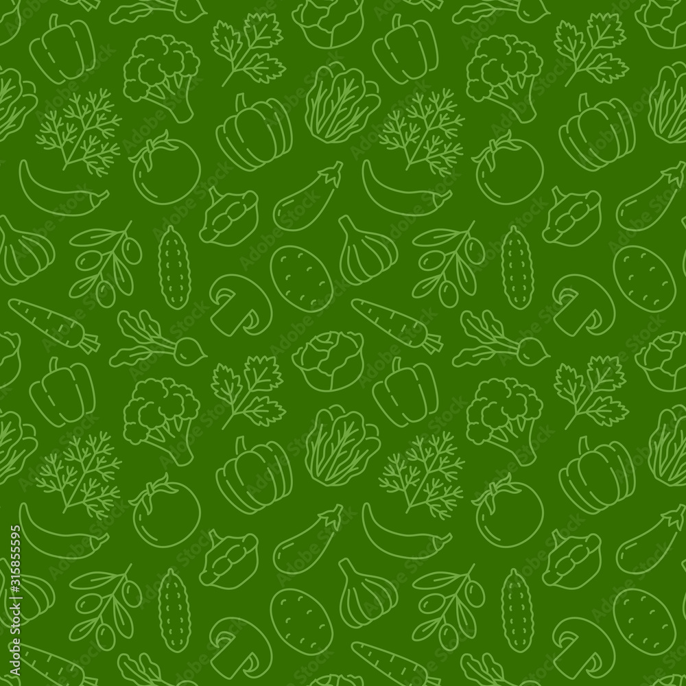 Food background, vegetables seamless pattern. Healthy eating - tomato, garlic, carrot, pepper, broccoli, cucumber line icons. Vegetarian, farm grocery store vector illustration, green color