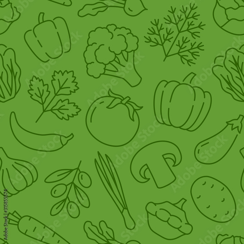 Food background, vegetables seamless pattern. Healthy eating - tomato, garlic, carrot, pepper, broccoli, cucumber line icons. Vegetarian, farm grocery store vector illustration, green color
