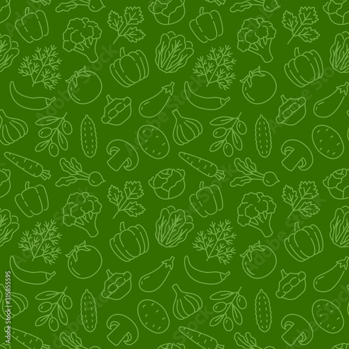 Food background, vegetables seamless pattern. Healthy eating - tomato, garlic, carrot, pepper, broccoli, cucumber line icons. Vegetarian, farm grocery store vector illustration, green color