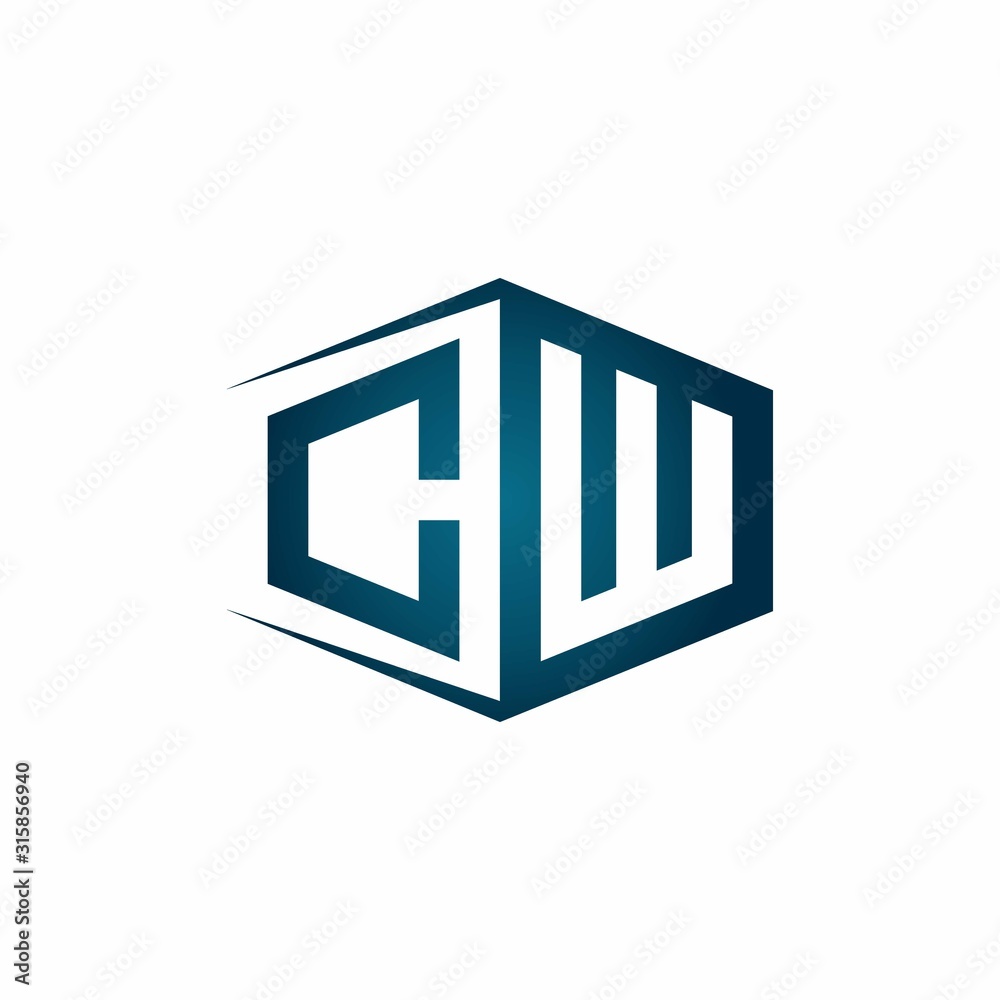 CW monogram logo with hexagon shape and negative space style ribbon design template CW monogram logo with hexagon shape and negative space style ribbon design template