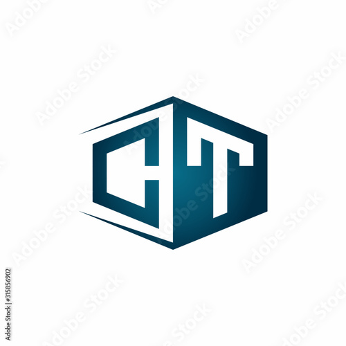 CT monogram logo with hexagon shape and negative space style ribbon design template